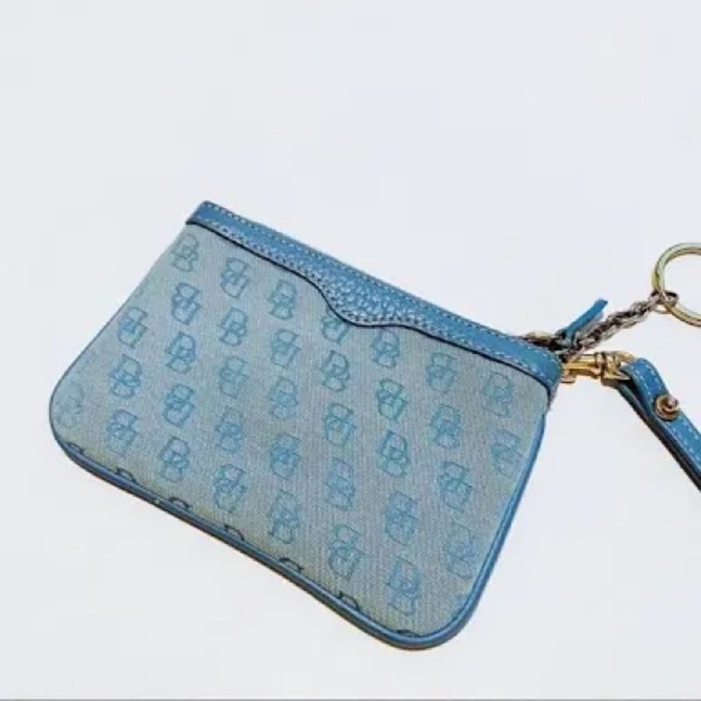 Dooney & Bourke Cornflower Blue Canvas With Leather Trim Wristlet | OS